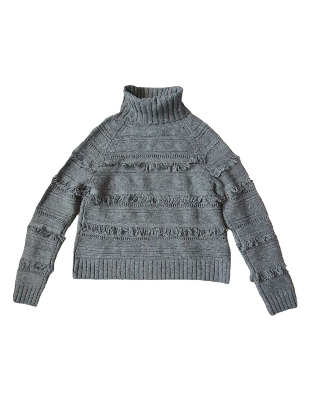 Brown Allan Merino Wool Cashmere Knit Sweater, Crop, Turtleneck, Fringe, XS